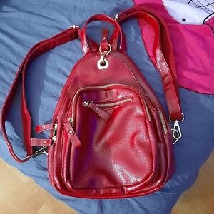 Small convertible leather backpack handbag, red/gold shoulder bag